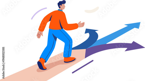 A man steps forward on an upward trend arrow pathway