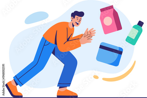 Man excitedly reaching for falling items in illustration