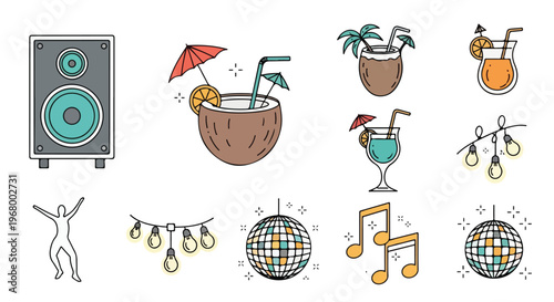 Tropical beach vibes vector illustration, summer vacation elements with palm trees and ocean, seaside holiday icons set on wood background