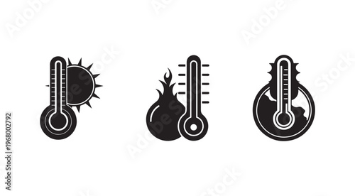Black silhouettes of thermometers with sun fire and clouds  weather and temperature icons