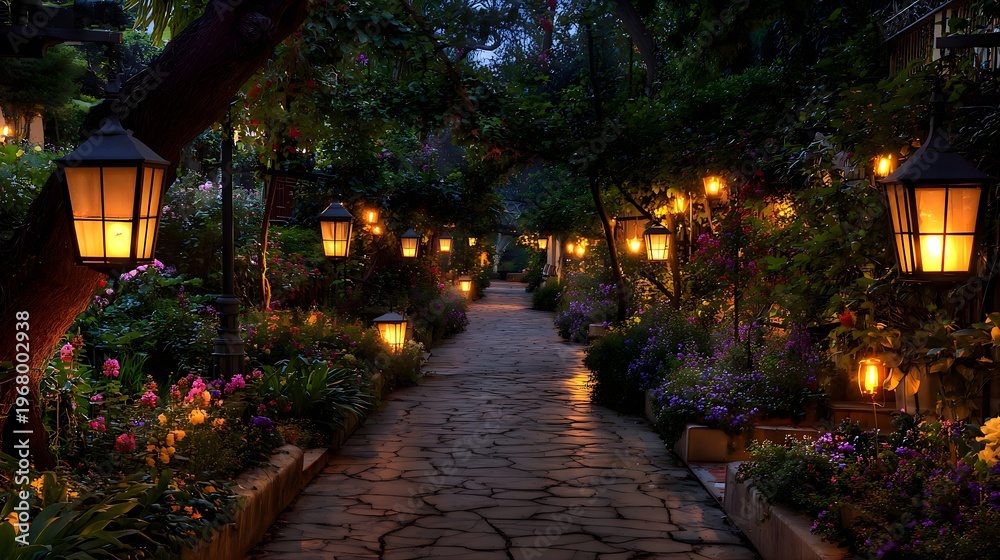 Fototapeta premium Serene garden pathway with lanterns and flowers at dusk creating a peaceful ambiance