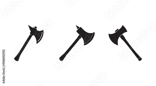 Black silhouettes of three axes with different shaped heads and handles on white background for graphic design  various types of axes