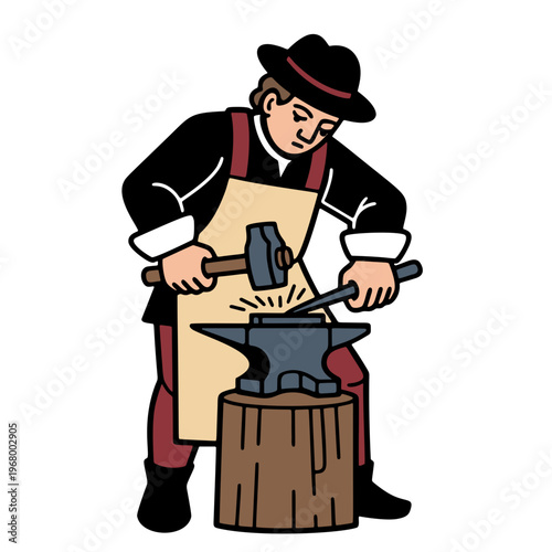 Blacksmith forging hot metal at anvil