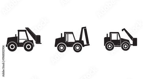 Black silhouettes of three different forklifts with varying designs and orientations on white background  industrial vehicles for construction and warehouse operations