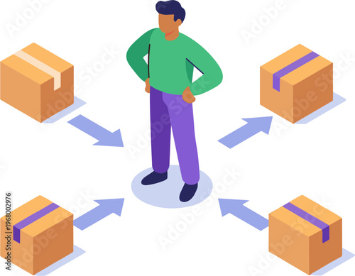 A man stands surrounded by four packages with arrows pointing to each other.