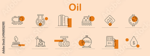 Oil industry set icon. Line symbols depict tanker transport, chemical flask, storage tank, offshore platform, hazard sign, pressure gauge, gas burner, oil pumpjack, pipeline valve, gas tank