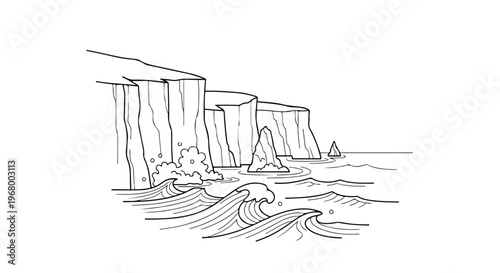 Minimalist ocean cliff line art, coastal landscape drawing with sea waves and sailboat, black and white nautical vector illustration