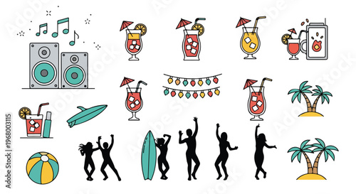 Summer beach party icons set, tropical cocktail drinks and dancing people silhouettes, surfboard and palm tree vector elements for vacation events