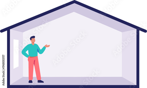 A man presents inside an empty house interior with walls and roof