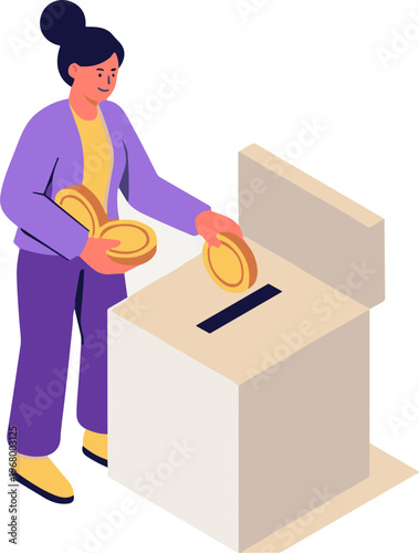 Woman depositing coins into a donation box indoors with hands