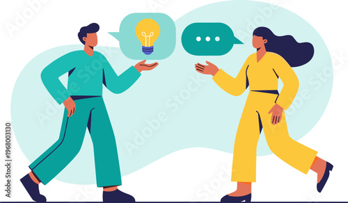 Two people walking and discussing an idea with a light bulb