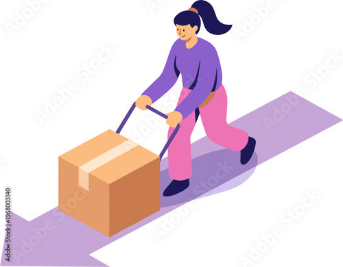 A woman is pulling a large box on a dolly forward quickly across the floor.