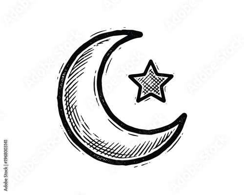 Engraved style moon and star vector, crescent lunar symbol, celestial body sketch, ramadan element