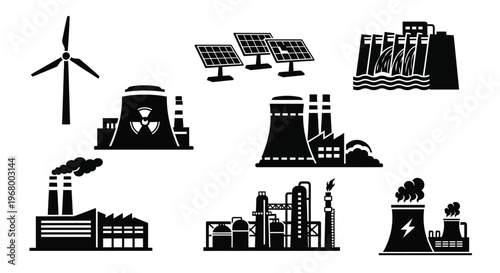 Renewable and traditional energy sources depicted as black and white vector icons