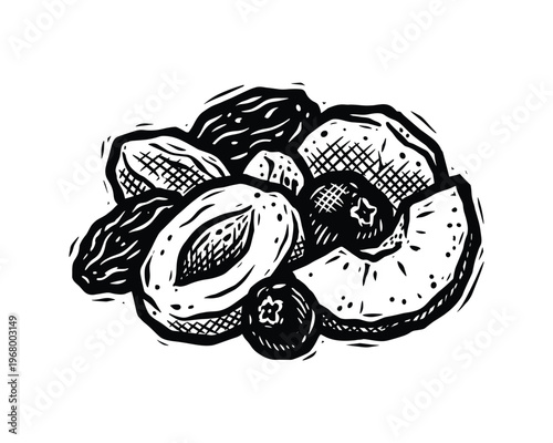 Engraved style sketch of healthy snacks. Organic food collection. Woodcut design element for packaging