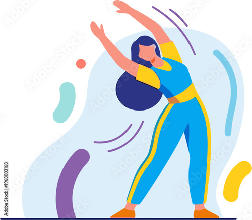 Woman stretches her arms in a colorful outfit with dynamic lines