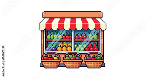A charming pixel art vector of a fruit and vegetable market stall featuring a red striped awning and various colorful fresh produce.