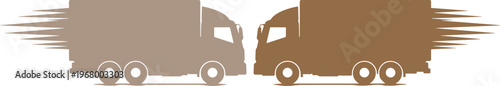 Dynamic delivery trucks vector illustration, fast shipping and logistics concept. Two moving brown cargo vehicles, express freight transportation graphic asset for business and supply chain