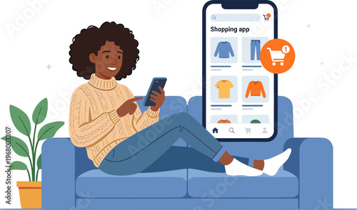 Woman sitting on couch shopping online with phone and large mobile device