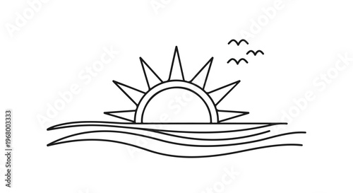 Minimalist sun line art vector, geometric sunrise over ocean waves, modern sunset landscape illustration with flying birds, simple black outline icon
