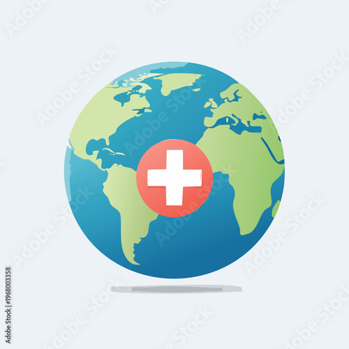Universal healthcare concept with an Earth globe and red cross symbol, depicting global medical assistance and worldwide humanitarian aid efforts