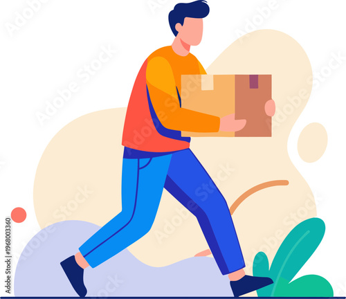 Man runs quickly outdoors with large cardboard box in hands feeling energetic