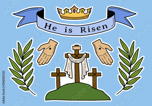 Religious Easter doodle sticker pack set. Christian faith icon elements: cross, palm leaves, crown. Faith, religion, communion concept vector set.