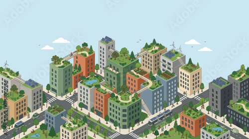 Sustainable Eco-Friendly Green City Isometric Illustration with Rooftop Gardens, Solar Panels, and Renewable Energy