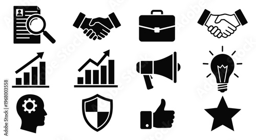 Business and professional icons depicting recruitment success and innovation high quality