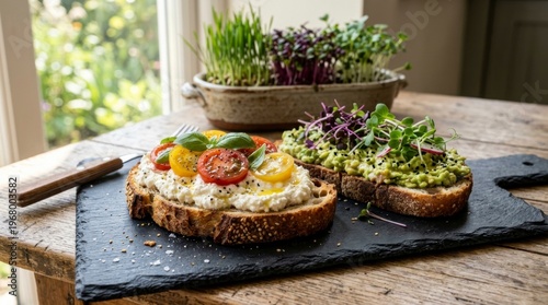 Healthy Bites: A visual feast of open-faced toasts, each crowned with fresh, vibrant toppings, artfully arranged and inviting a moment of culinary delight.