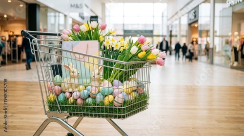 Shopping Cart of Blossoms: A shopping cart overflowing with a colorful collection of fresh flowers, Easter eggs, and decorations. Symbolizing the joy of spring and the festive spirit of the season.