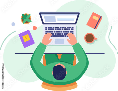 A person sits at a desk using a laptop surrounded by office supplies and a cup of coffee in a modern workspace.