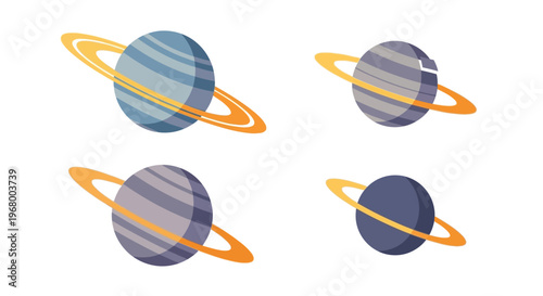 Four stylized planets with rings varying in size and perspective
