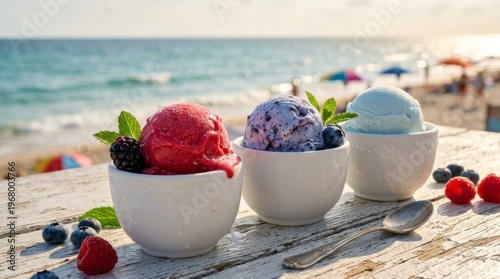 Summer Sweet Treats by the Sea: A refreshing trio of vibrant ice cream scoops, adorned with fresh berries and mint leaves, sits invitingly on a weathered wooden table.