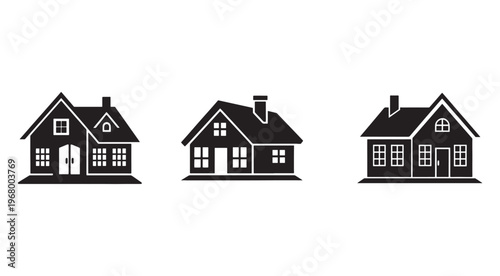 Blackandwhite house icons  simple residential buildings  home silhouettes  architectural graphics