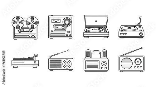 Vintage audio equipment vector illustration radios record players tape decks