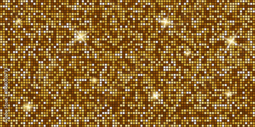 Luxury gold pattern with reflective mirror tiles and bright sparkle effect. Glamorous disco texture perfect for party backgrounds, packaging, textiles, and festive designs.