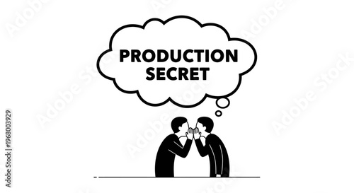 Production secret concept with two people whispering and a thought bubble.