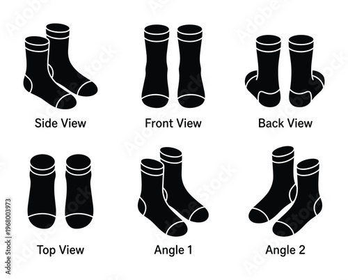 Footwear accessory icons depicting pairs of socks from various perspectives for apparel design layout