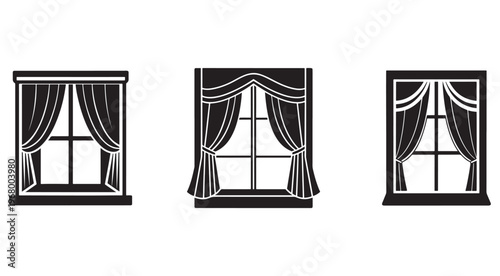Blackandwhite illustration of three different windows with curtains and drapes  various styles and designs