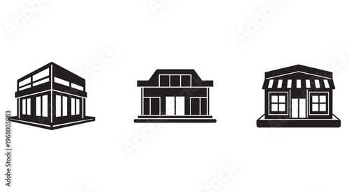 Blackandwhite illustration of three different storefront building designs with varying architectural details and window arrangements  storefronts  buildings