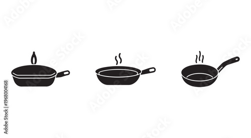 Blackandwhite illustration of three frying pans with steam and flame isolated on white background for cooking and kitchen concepts