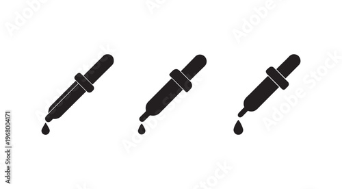 Blackandwhite illustration of three dropper bottles with droplets on white background  simple graphic design elements