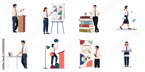 Set of diverse business people characters giving presentations, analyzing data, and speaking at seminars with various office equipment and infographics.