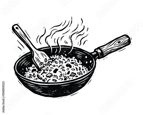 Frying pan with hot food and wooden spoon. fresh cooked meal. skillet with steam and tasty dinner.