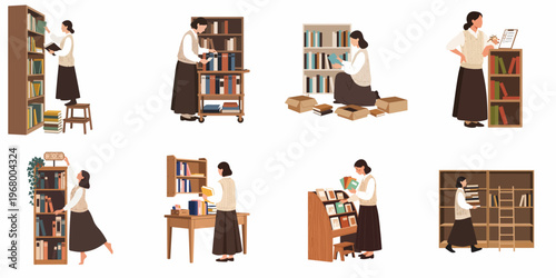 Flat vector illustrations of a female librarian or bookstore clerk organizing shelves, using a trolley, and managing inventory in a library.