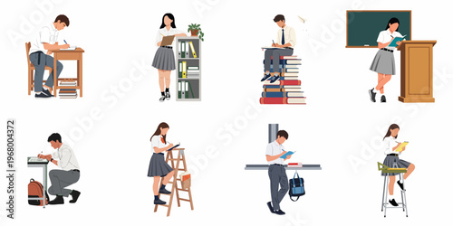 Collection of diverse students in school uniforms studying and writing in various school-related settings, set against a white background.