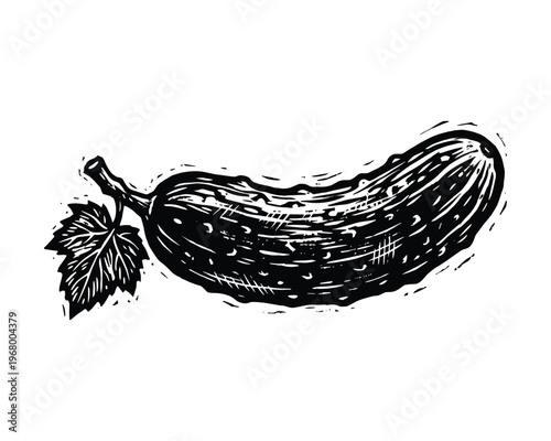 Garden cucumber sketch, natural organic vegetable, green plant leaf, healthy food ingredient vector
