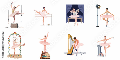 Elegant Ballerina Illustration Set Featuring Classical Dance Poses, Stage Performances, and Musical Instruments in Graceful Scenes