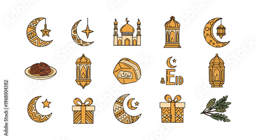 Islamic Symbols and Icons Set Gold.